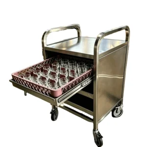 Food Grade Stainless Steel Basket Trolley with Table Hotel Catering